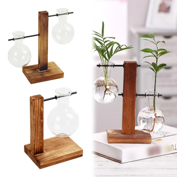 Bulb Vase with Wooden Stand Desktop Glass Planter